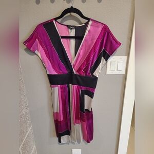 Express Y2K Silk Blend Dress Fuchsia Black Colorblock V Neck Size XS